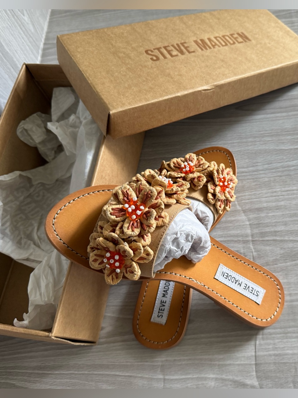 Steve Madden Beige Floral Beaded Slide Sandal - Picture 4 of 4